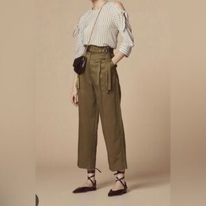 SANDRO Linen Blend Belted Moss Green Double Belted Pants 34